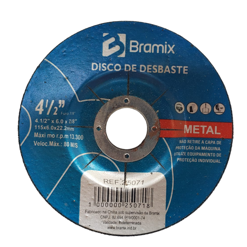 DISCO ABRASIVO DE DESBASTE 115 X 6.0 X 22.2MM - BRAMIX