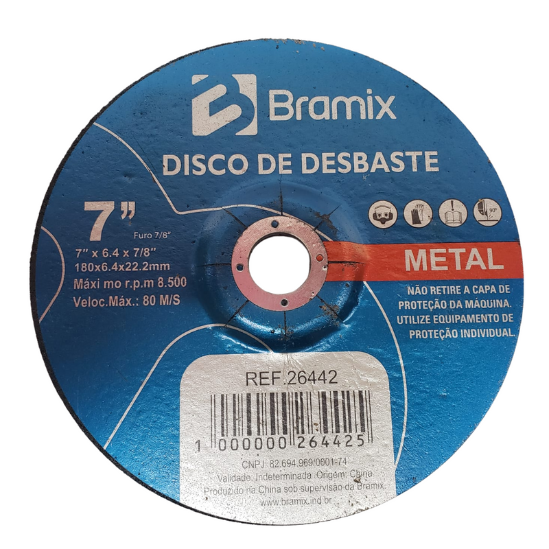 DISCO ABRASIVO DE DESBASTE 7"X6.4MMX22MM - BRAMIX