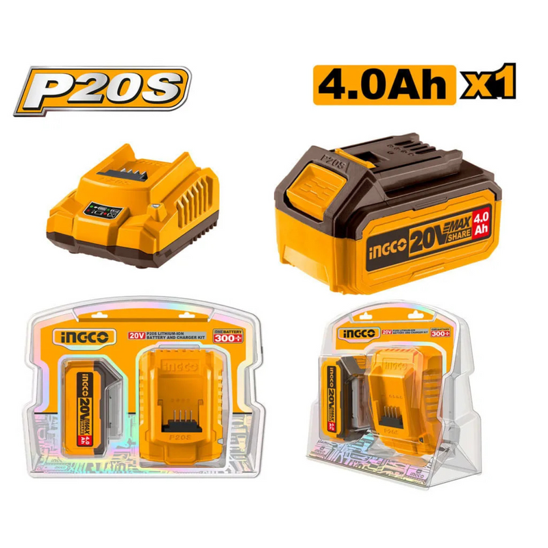 KIT COM 1 CARREGADOR INTELIGENTE E 1 BATERIA ION-LITIO INGCO 4.0AH 20V LINHA P20S