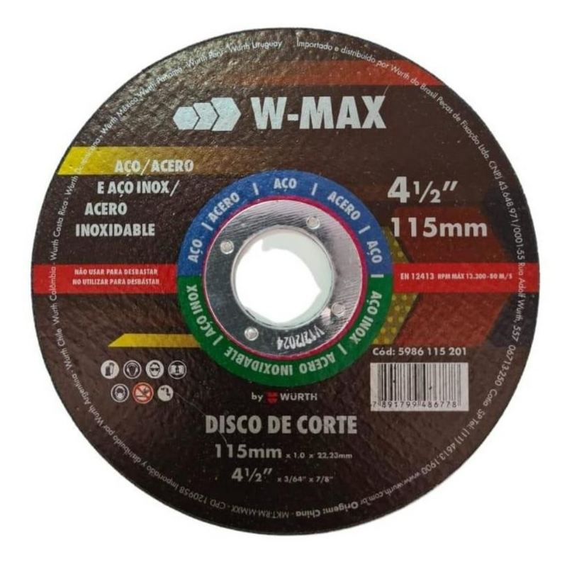 DISCO ABRASIVO DE CORTE INOX W-MAX 115X1,0X22,23 WURTH