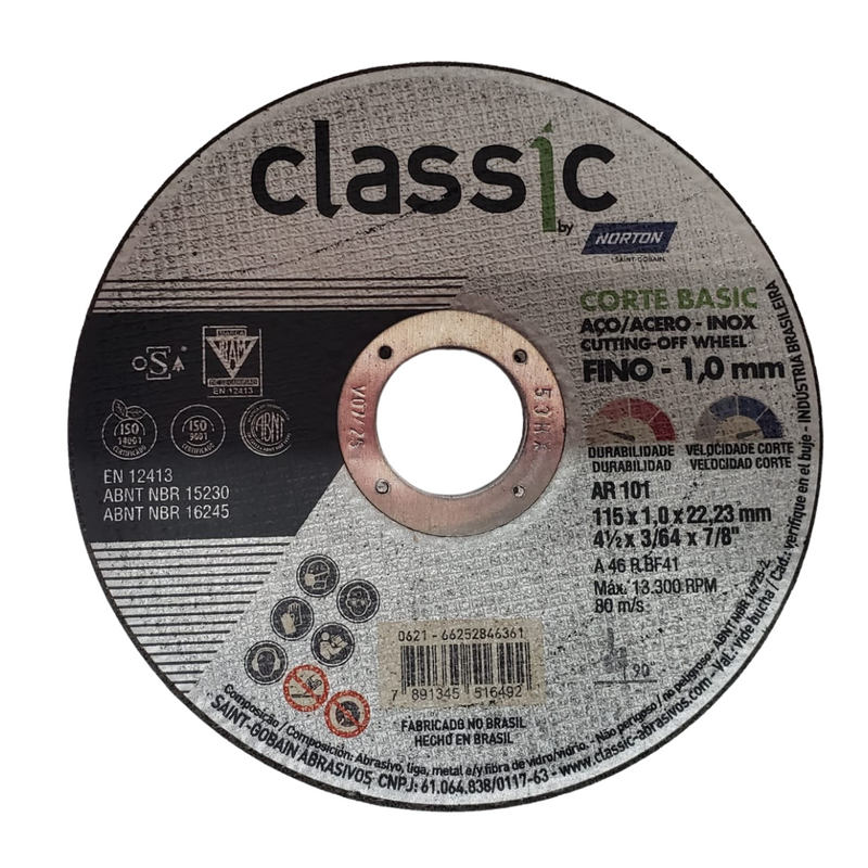 DISCO ABRASIVO DE CORTE 115,0X1,0X22,23 CLASSIC BASIC NORTON