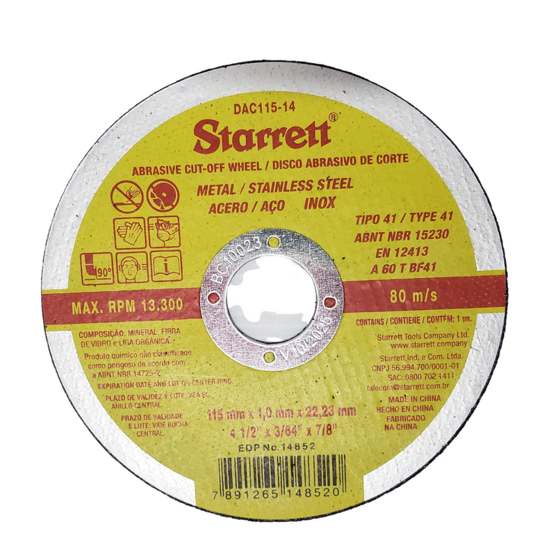DISCO ABRASIVO DE CORTE 115X1,0X22,2MM (4.1/2"X3/64"X7/8") STARRETT