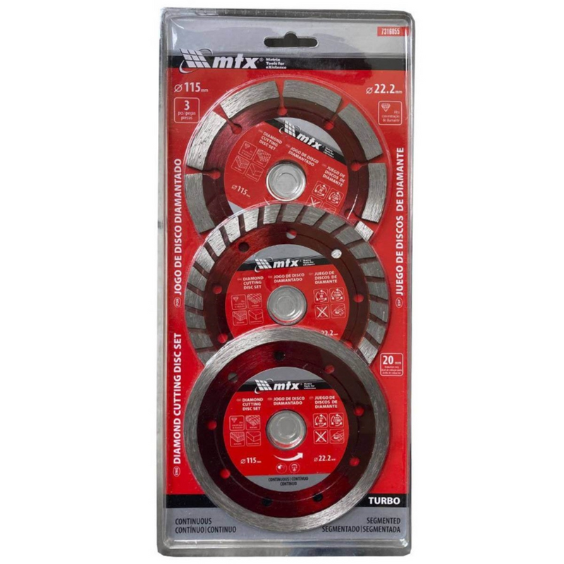JOGO DE DISCO DE CORTE SEGMENTADO, DIAMANTADO, 115x22,2MM, 3PCS // MTX