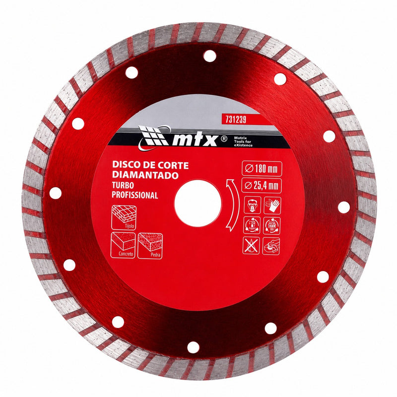 DISCO DE CORTE TURBO, DIAMANTADO, CORTE SECO, ANEL REDEDUÇÃO, 180 X 25,4MM - MTX