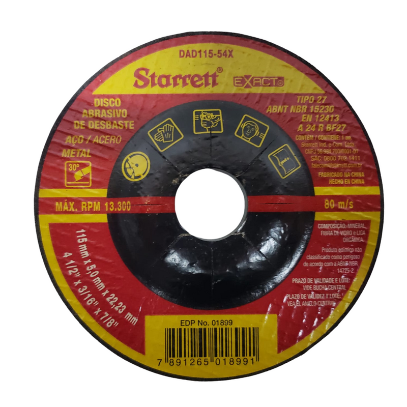 DISCO ABRASIVO DE DESBASTE 115X5,0X22,23MM (4.1/2"X3/16"X7/8") CATEGORIA EXACT STARRETT