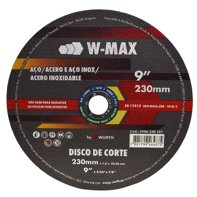 DISCO ABRASIVO DE CORTE INOX W-MAX 9" 230X1,8X22