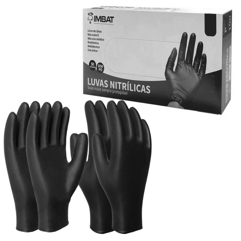 LUVA DESCARTAVEL NITRILICA PRETA HEAVY 9 G CX 50 UN - IMBAT (LV-SANP50-09)