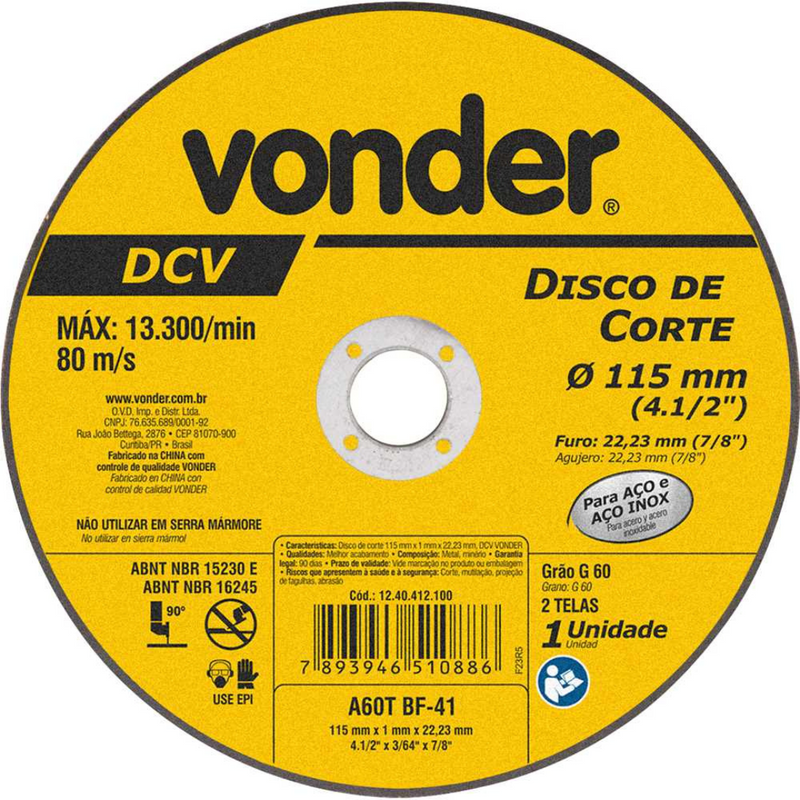 DISCO DE CORTE 115,0 MM x 1,0 MM x 22,23 MM, DCV - VONDER