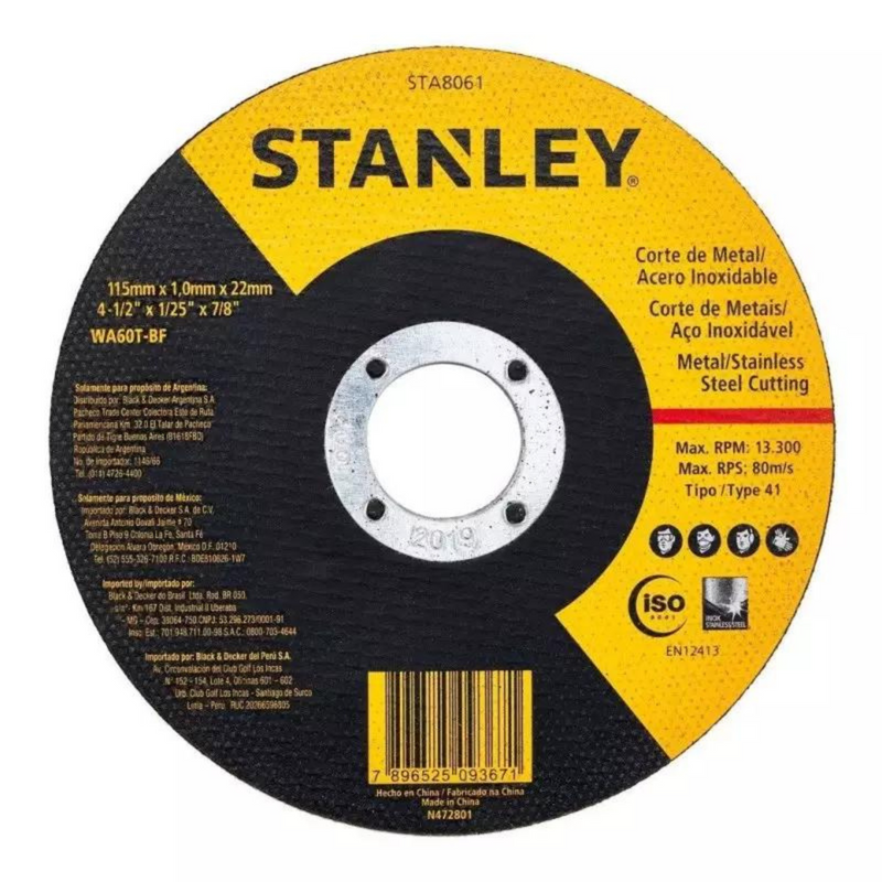 DISCO ABRASIVO CORTE INOX 41/2" X 1MM X 7/8" - STANLEY NEGRAO