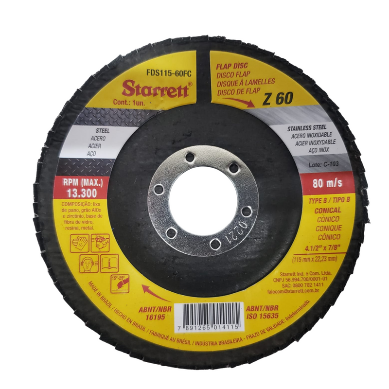 DISCO FLAP MOD. STARRETT EM FIBRA DE VIDRO CONICO TIPO B - 115 X 22,23MM (4.1/2" X 7/8") GRAO 60